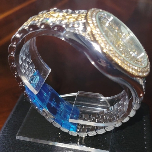 Mens Two Tone Full Ice Waterproof Arabic Numeral Bling Simulated Diamond Watch - Picture 12 of 12